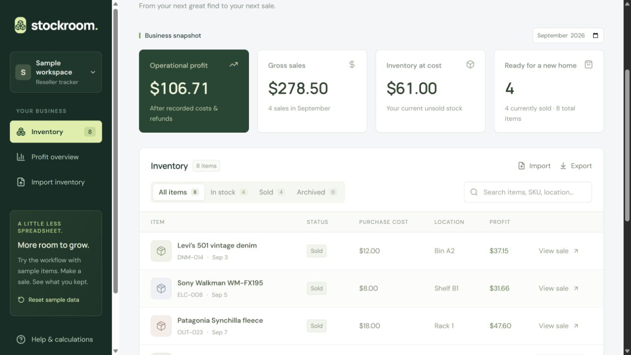 Stockroom sample inventory with item names, sold and in-stock statuses, purchase costs, storage locations, and profit.